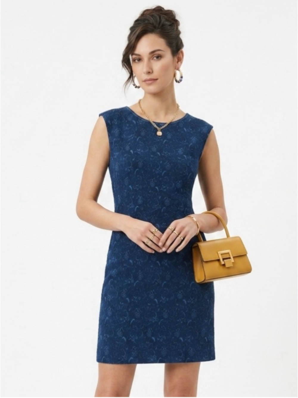 VTG 60s Tricosa Paris Pure Wool Knit Sheath Dress Blue Floral Shimmer - 690